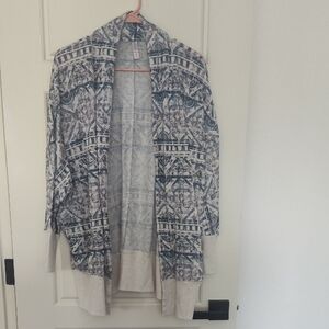 Xhilaration Cream & Blue Patterned Open-Front Cardigan